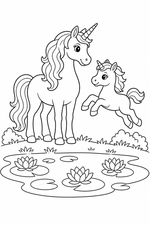 Unicorn and foal leaping by a pond: A unicorn standing with its foal leaping through the air beside a still pond with lilies, free printable coloring page