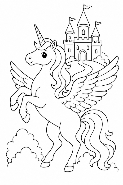 Winged unicorn rearing up near a castle: A unicorn with feathered wings rearing up on its hind legs with a castle on a hill behind it, free printable coloring page