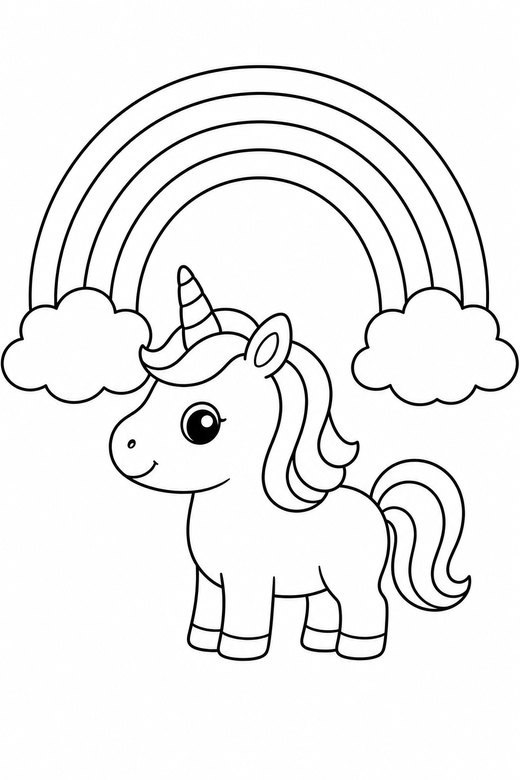 Baby unicorn standing under a rainbow: A baby unicorn with short legs standing in profile under a wide rainbow, free printable coloring page