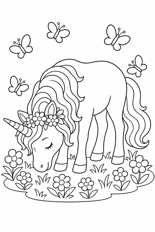 Flower-crown unicorn grazing: A unicorn wearing a crown of flowers grazing with their head lowered surrounded by fluttering butterflies, free printable coloring page