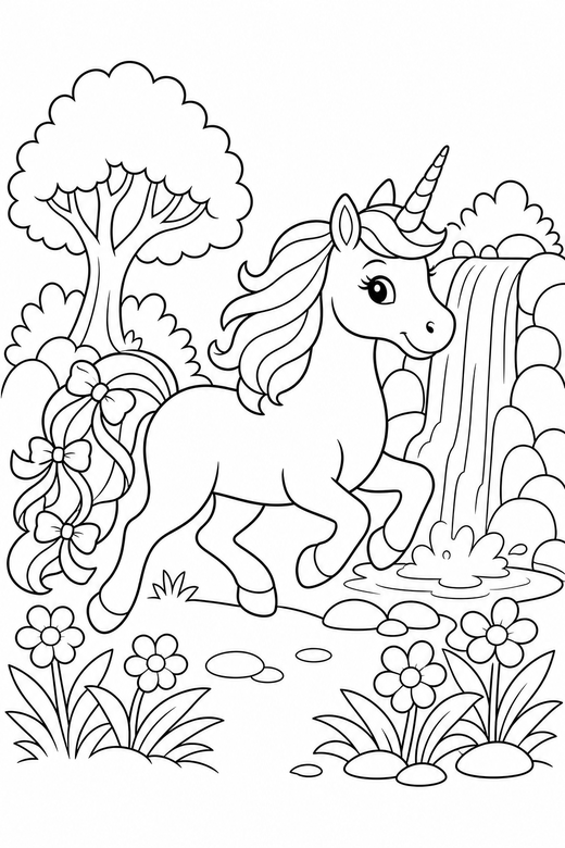 Ribboned unicorn galloping by a waterfall: A unicorn with ribbons woven into its tail galloping beside a small waterfall, free printable coloring page