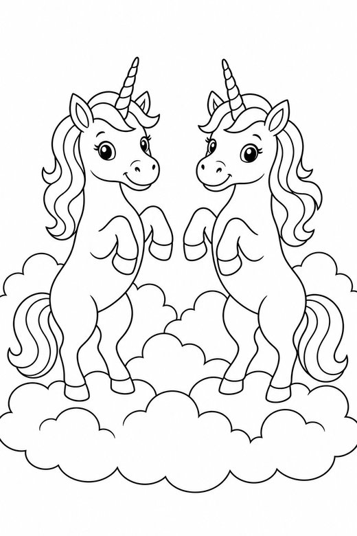 Two unicorns rearing up among clouds: Two unicorns side by side rearing up on their hind legs among soft rounded clouds, free printable coloring page