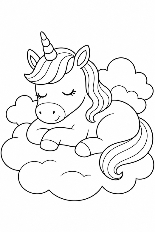 Unicorn asleep among clouds: A unicorn resting with its eyes closed among soft rounded clouds, free printable coloring page
