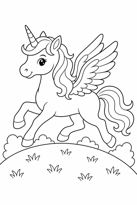 Winged unicorn galloping on a hilltop: A unicorn with feathered wings galloping on top of a grassy hill, free printable coloring page