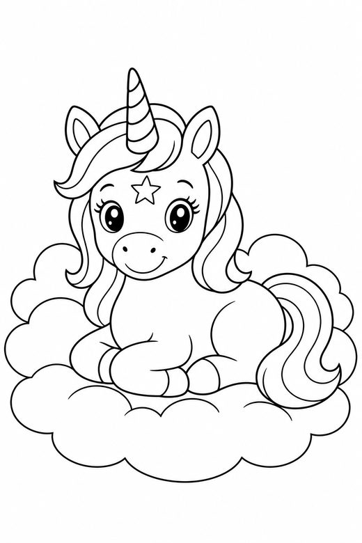 Star-marked unicorn lying down among clouds: A unicorn with a star marking on its forehead lying down with its legs tucked under among soft rounded clouds, free printable coloring page