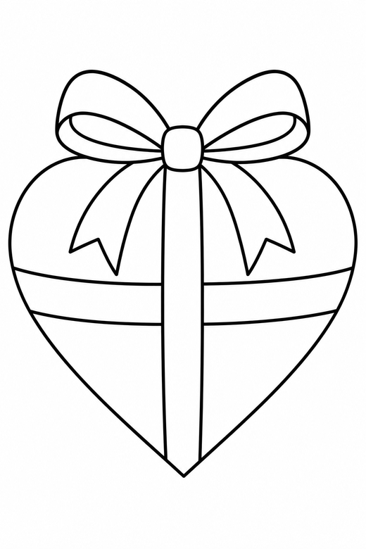 Heart with a ribbon: A large heart tied with a ribbon and a bow at the top, free printable coloring page