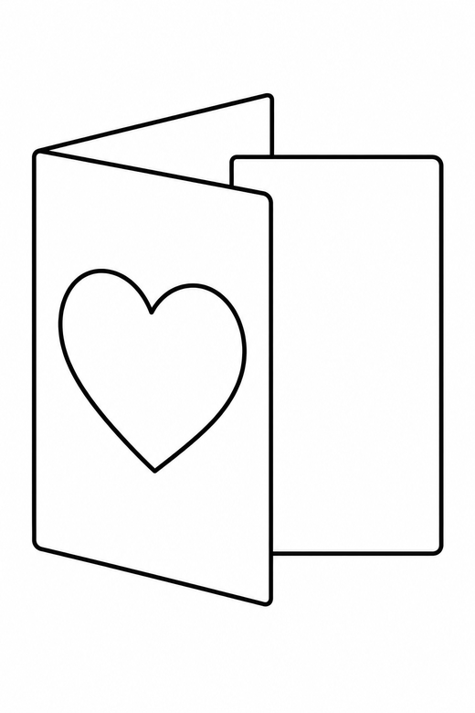 Valentine card with a heart: An open card with a heart on the front and blank space inside, free printable coloring page