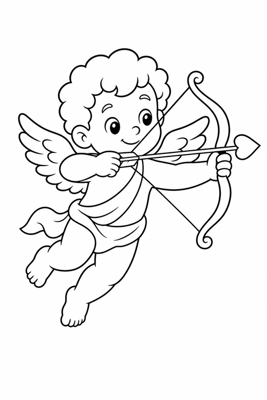 Cupid with a bow: A small winged cupid aiming a bow and arrow, free printable coloring page