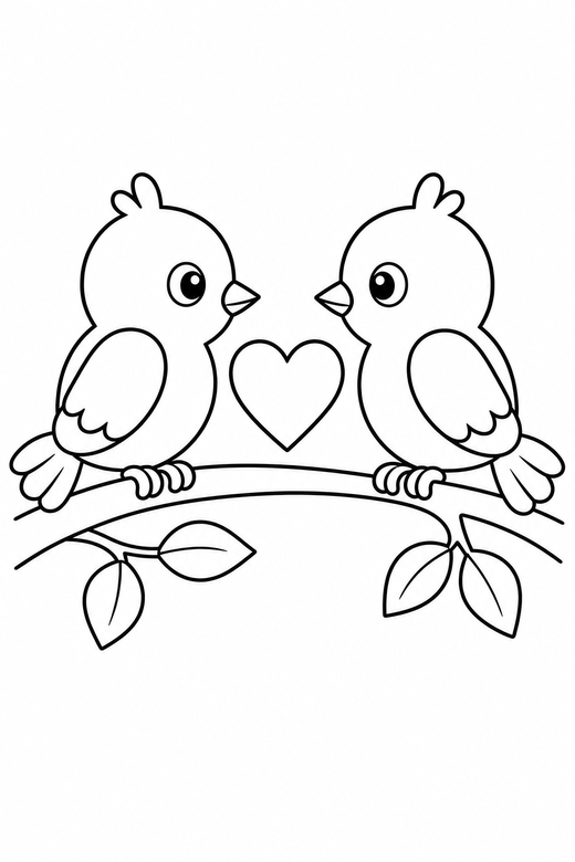 Two love birds: Two birds on a branch facing each other with a heart between, free printable coloring page