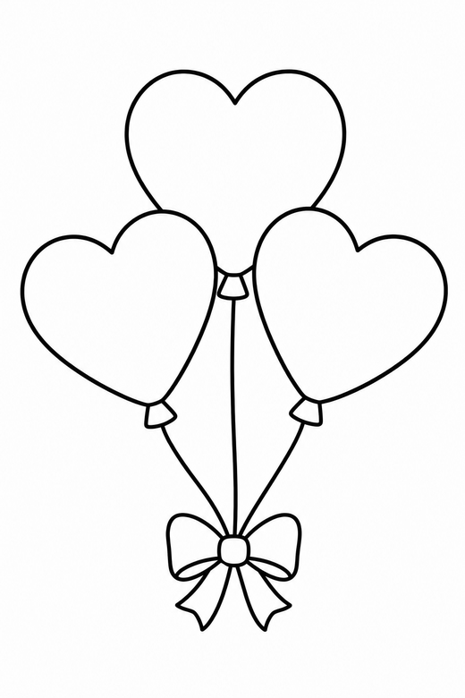 Heart balloon bunch: Three heart shaped balloons on strings tied together, free printable coloring page