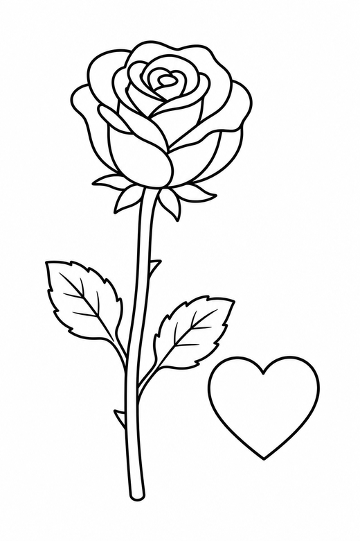 Rose with a heart: A single long stemmed rose beside a small heart, free printable coloring page