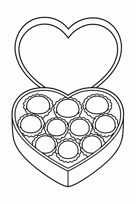 Box of chocolates: An open heart shaped box with round chocolates inside, free printable coloring page