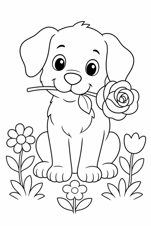 Puppy with a rose with flowers: A puppy with floppy ears holding a single rose among a few simple flowers, free printable coloring page