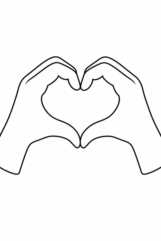 Two hands making a heart: Two hands together forming a heart shape, free printable coloring page
