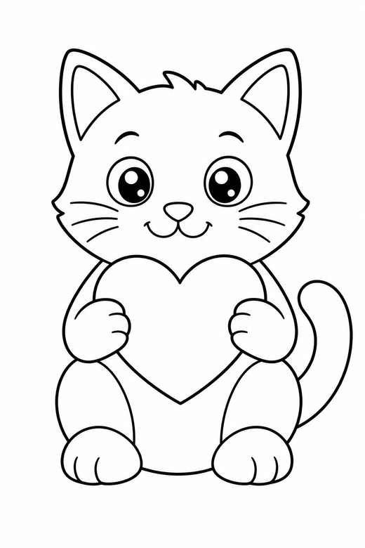 Cat holding a heart: A cat sitting up holding a heart between its front paws, free printable coloring page
