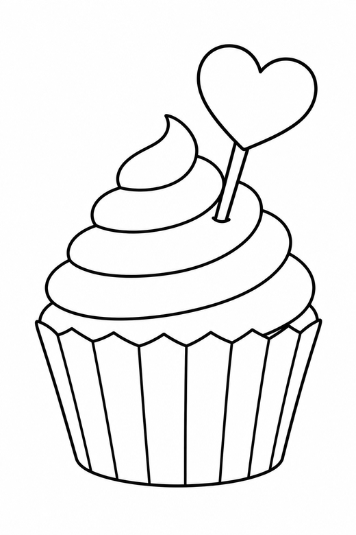 Cupcake with a heart topper: A cupcake with a heart on a stick pushed into the frosting, free printable coloring page