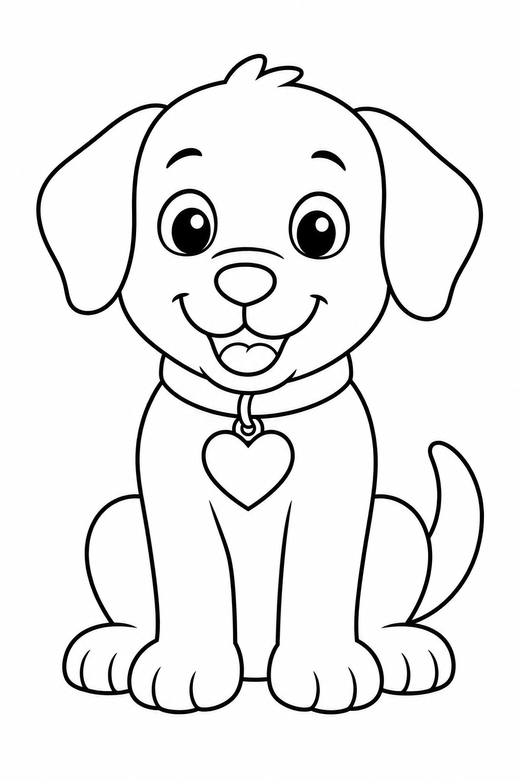 Puppy with a heart collar: A puppy wearing a collar with a heart shaped tag, free printable coloring page