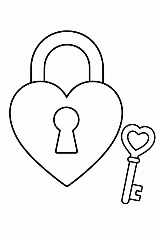 Heart shaped key and lock: A heart shaped padlock beside a small key, free printable coloring page