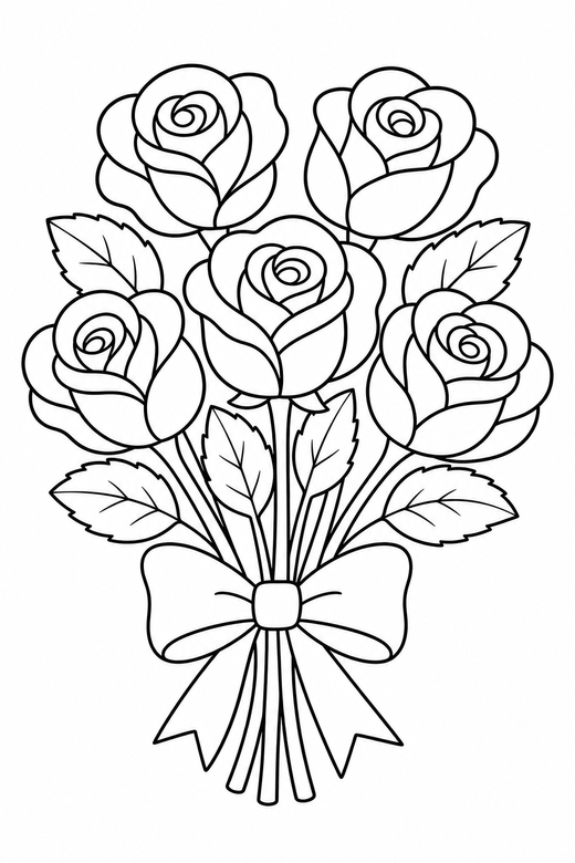 Bunch of roses: A bouquet of five roses tied with a ribbon, free printable coloring page