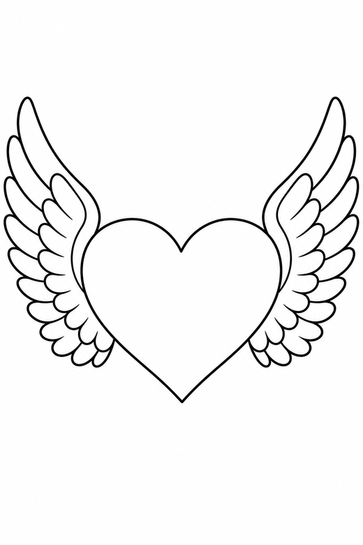 Heart with wings: A heart with a pair of feathered wings on either side, free printable coloring page