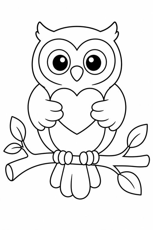 Owl with a heart: An owl perched on a branch holding a small heart, free printable coloring page