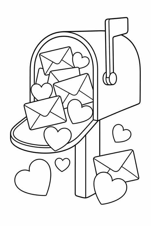 Mailbox full of cards: A mailbox with envelopes and hearts spilling out, free printable coloring page