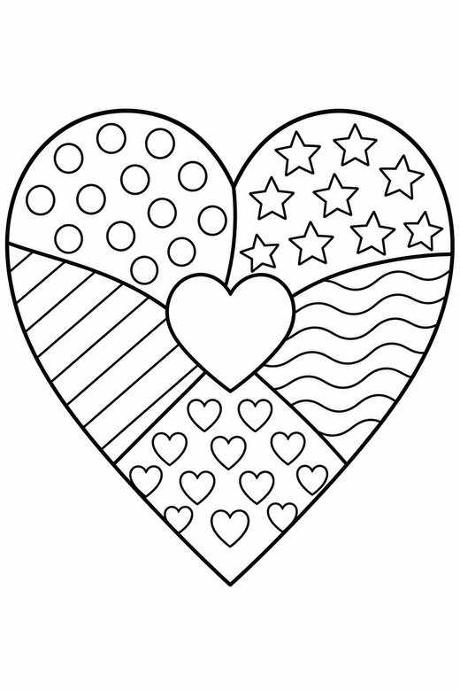Patterned heart: A large heart divided into sections with different patterns, free printable coloring page