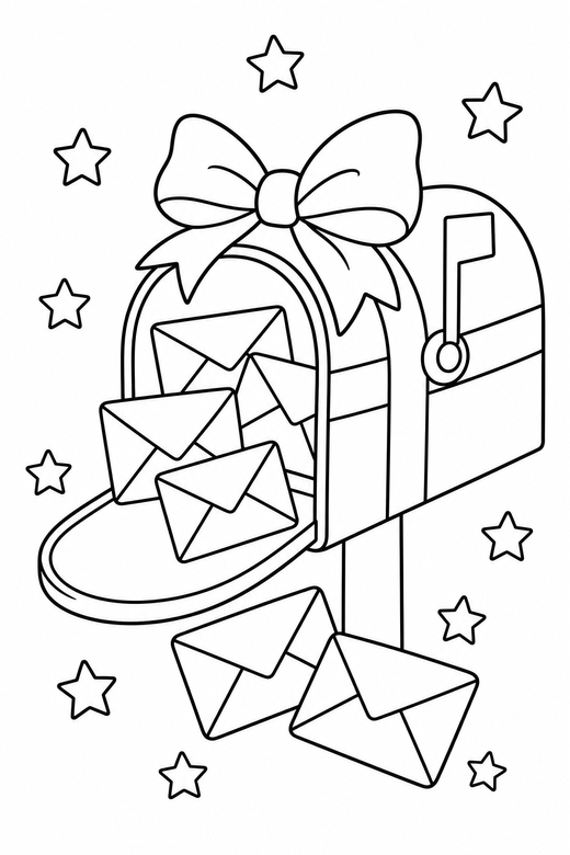 Full mailbox with a bow with stars: A mailbox with envelopes spilling out decorated with a bow with small stars scattered around, free printable coloring page
