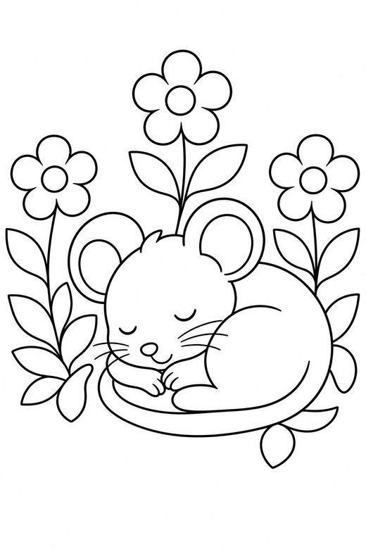Mouse sleeping with flowers: A small mouse with round ears curled asleep among a few simple flowers, free printable coloring page