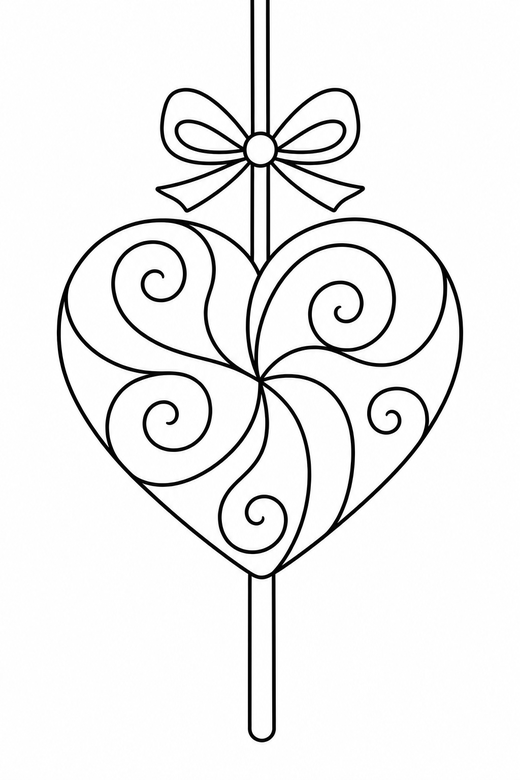 Heart lollipop with a swirl on a string: A heart-shaped lollipop on a stick filled with curling swirl lines hanging from a length of string, free printable coloring page