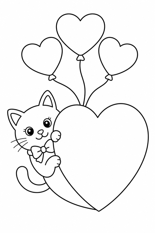 Cat peeking with balloons: A cat with a bow on its collar peeking out from behind a large heart with heart balloons above, free printable coloring page