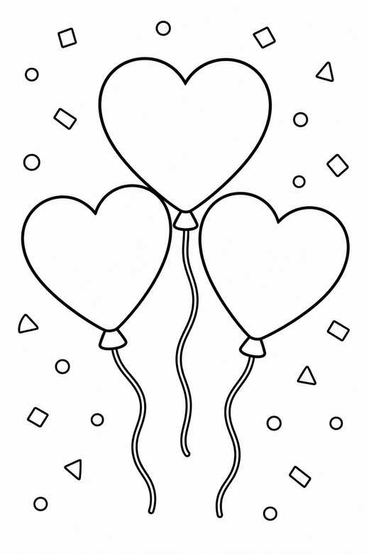 Heart balloons outlined thickly: Three heart-shaped balloons on strings drawn with a thick clean outline with scattered confetti shapes, free printable coloring page