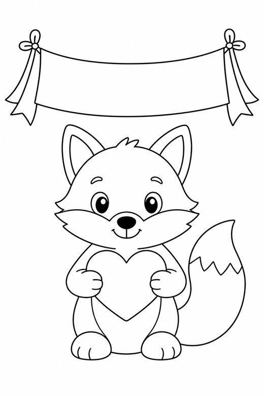 Fox holding a heart with a banner: A fox with a bushy tail holding a heart in both paws under a blank hanging banner, free printable coloring page