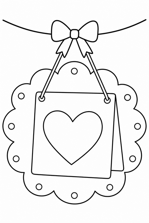 Valentine card with a border on a string: A folded card with a heart on the front set inside a decorative border hanging from a length of string, free printable coloring page