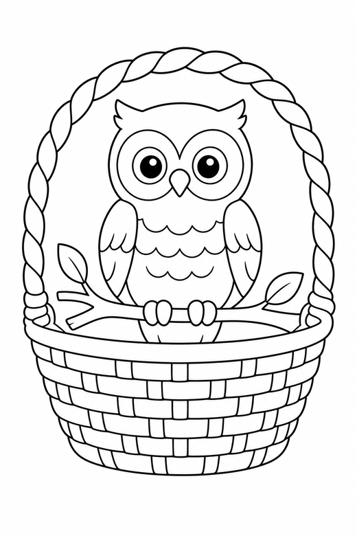 Owl sitting in a basket: An owl on a branch sitting upright inside a woven basket, free printable coloring page