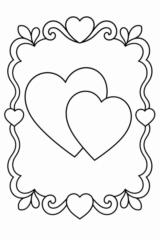 Linked hearts with a border: Two hearts overlapping set inside a decorative border on a plain background with generous white space, free printable coloring page