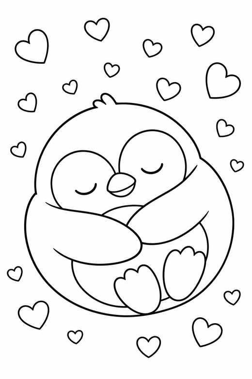 Penguin sleeping with confetti: A round penguin curled asleep with heart confetti falling, free printable coloring page