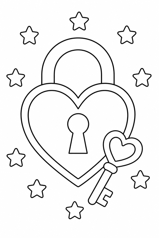 Heart and key with a border with stars: A heart-shaped padlock with a small key set inside a decorative border with small stars scattered around, free printable coloring page
