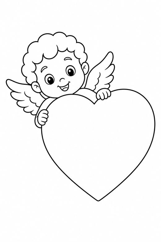 Cupid peeking: A small winged cupid peeking out from behind a large heart on a plain background with generous white space, free printable coloring page