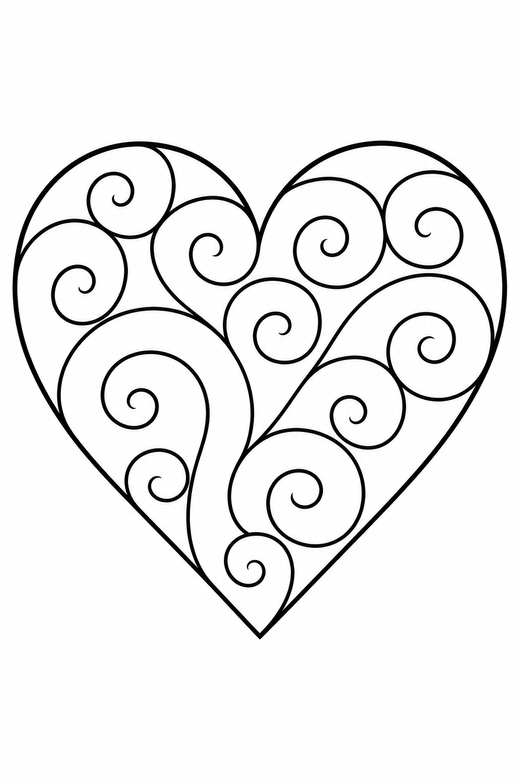 Heart with a swirl: A large plain heart filled with curling swirl lines on a plain background with generous white space, free printable coloring page