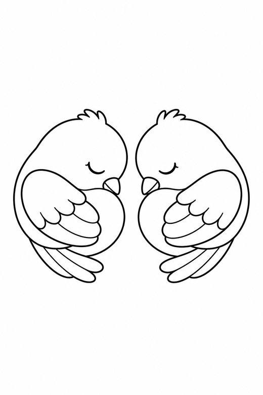 Love birds sleeping: Two small birds facing each other curled asleep on a plain background with generous white space, free printable coloring page