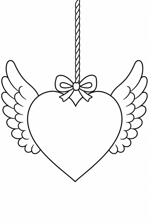 Winged heart with a blank centre on a string: A heart with a pair of feathered wings left blank in the middle for writing hanging from a length of string, free printable coloring page