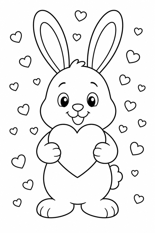Bunny holding a heart with confetti: A bunny with long ears holding a heart in both paws with heart confetti falling, free printable coloring page