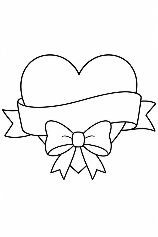 Heart banner with a bow: A heart crossed by a blank banner decorated with a bow on a plain background with generous white space, free printable coloring page