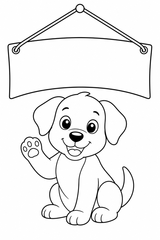 Puppy waving with a banner: A puppy with floppy ears waving one paw under a blank hanging banner, free printable coloring page