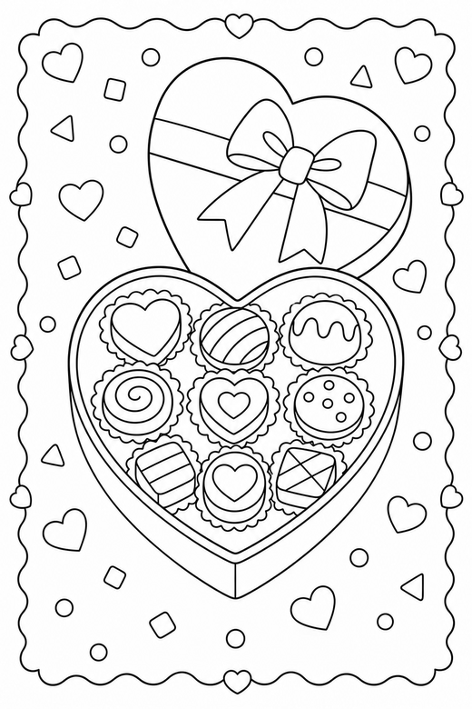 Chocolate box with a border with confetti: An open heart-shaped box of chocolates set inside a decorative border with scattered confetti shapes, free printable coloring page