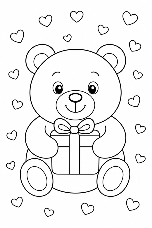 Teddy bear with a gift with confetti: A round teddy bear holding a small wrapped gift with heart confetti falling, free printable coloring page