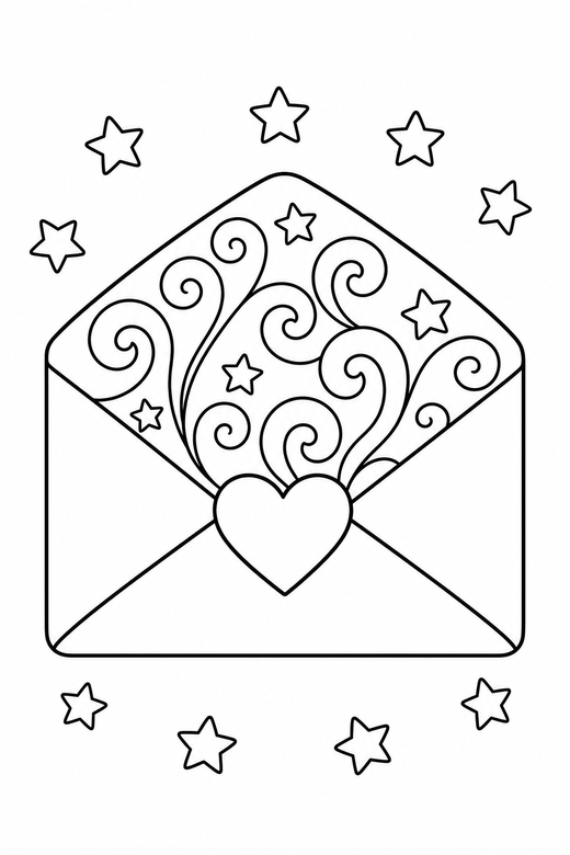 Sealed envelope with a swirl with stars: An envelope with a heart seal filled with curling swirl lines with small stars scattered around, free printable coloring page