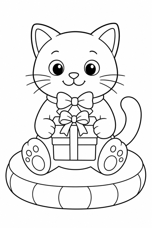 Cat with a gift on a cushion: A cat with a bow on its collar holding a small wrapped gift sitting on a round cushion, free printable coloring page