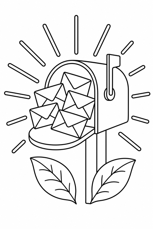 Full mailbox with rays with leaves: A mailbox with envelopes spilling out with straight rays radiating outward with two leaves at its base, free printable coloring page